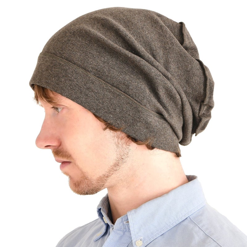 CHARM Mens Slouch Beanie Hat - Womens Organic Cotton Hipster Chemo Slouchy Cap Brown - Image 1
